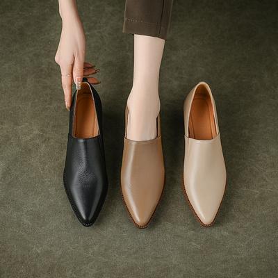 Leather Pointed Deep Mouth Single Shoes Women's Spring 2025 New Versatile Retro One-pedal Work Thick Heel Small Leather Shoes