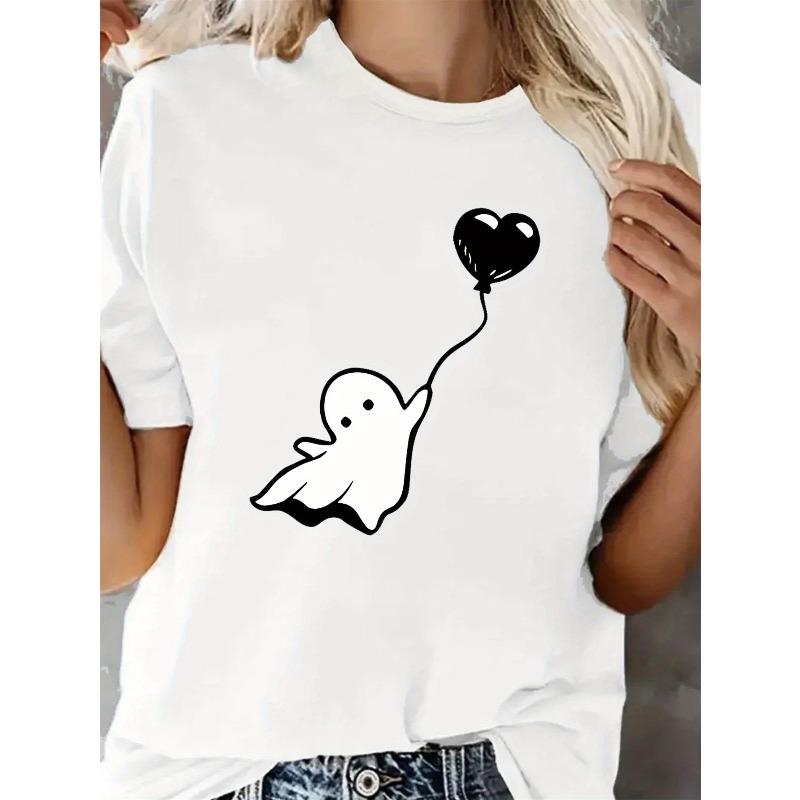 

Women s Halloween Ghost Graphic T-Shirt Casual Round Neck Short Sleeve Top S белый