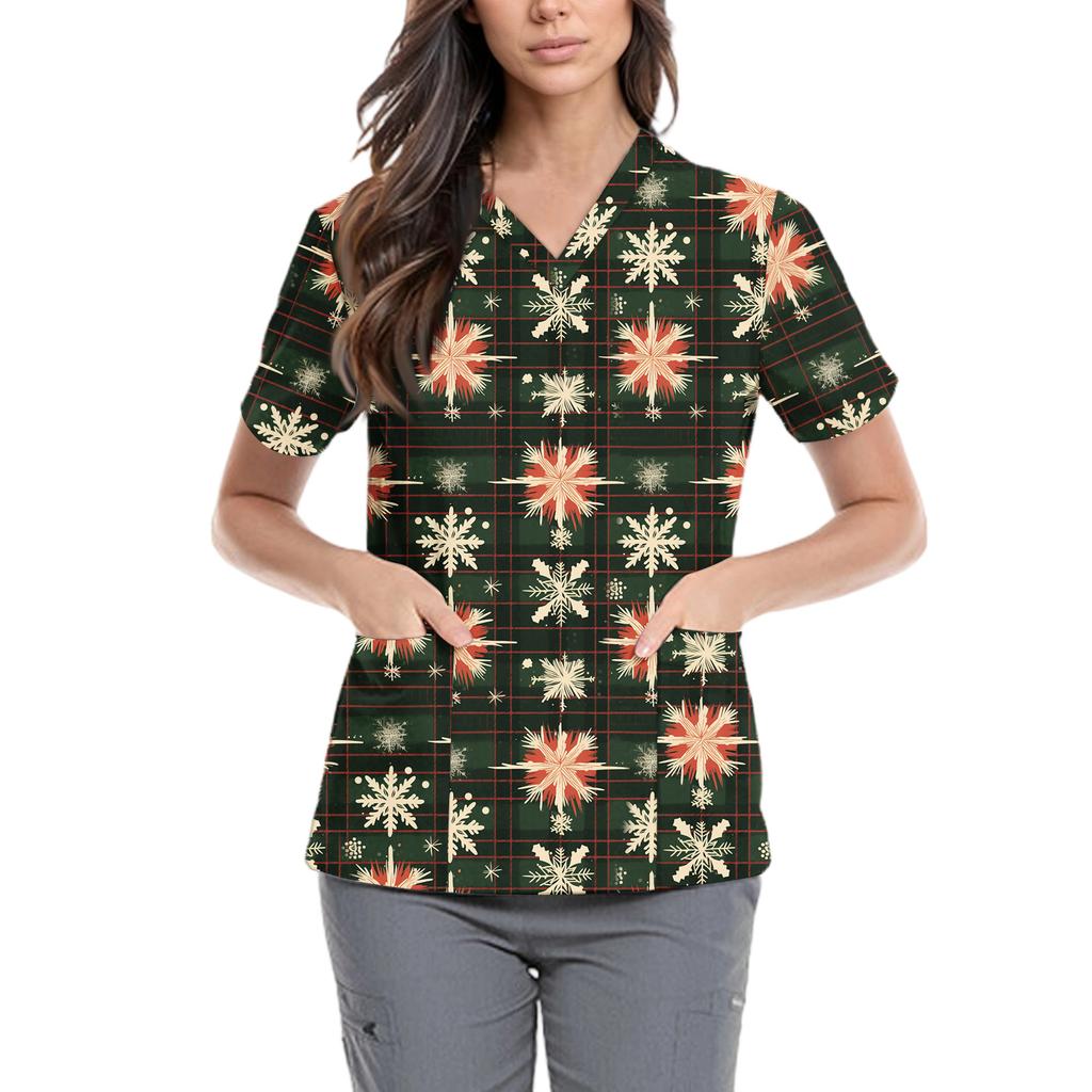 Women's Cute Bow Printed Work Clothes V-neck Double Layer Pockets Basic Short Sleeve Top Pullover