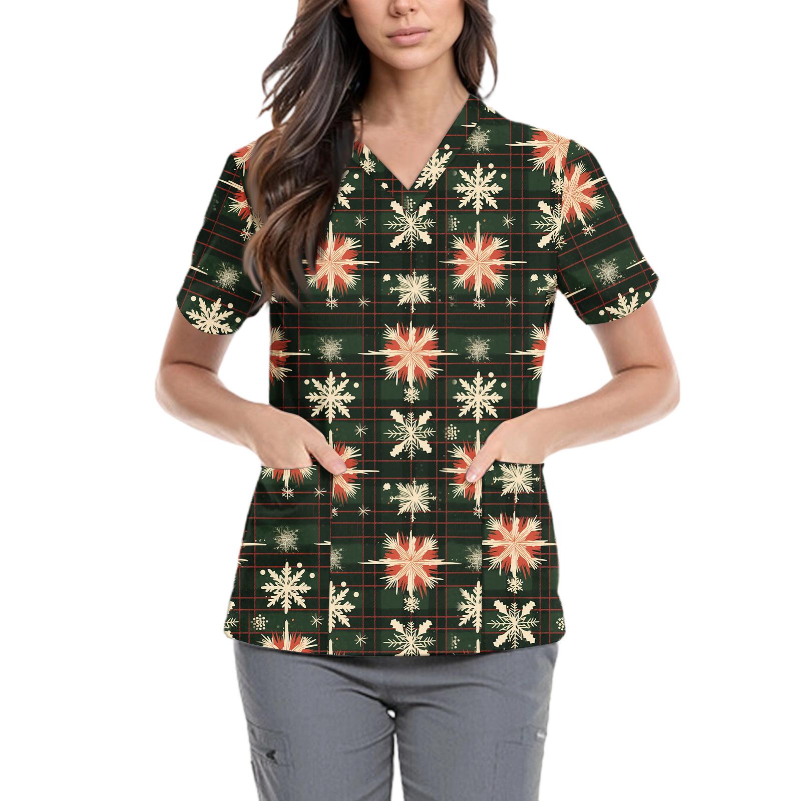 

Women s Cute Bow Printed Work Clothes V-neck Double Layer Pockets Basic Short Sleeve Top Pullover M