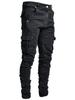 Jeans Elasticizzati da Strada Uomo Pantaloni Cargo in Denim Lavaggio Tasche Casual Vita Media Pantaloni Vestibilità Slim Indossare Joggers