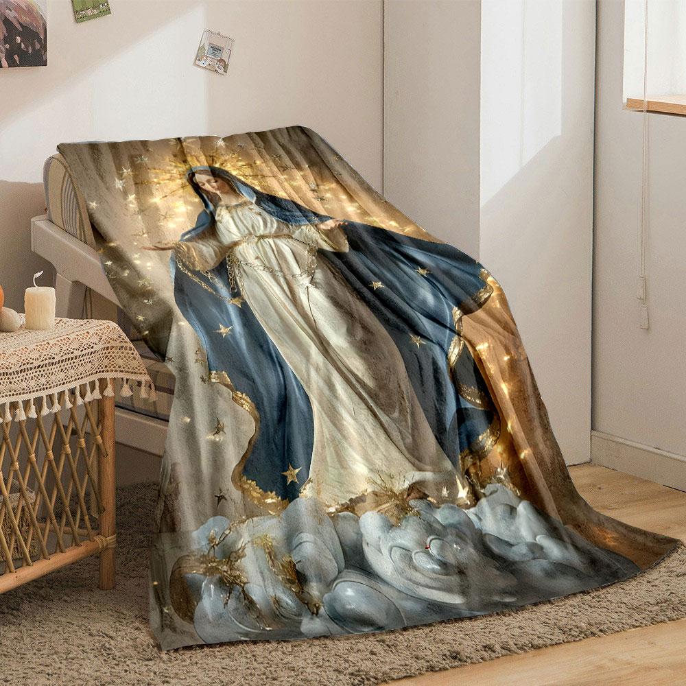 Our Lady of Grace Starry Religious Throw Blanket Printed Blanket for Living Room Bed Couch Lunch Break Soft Cozy Blanket for Friend's Festival Gift