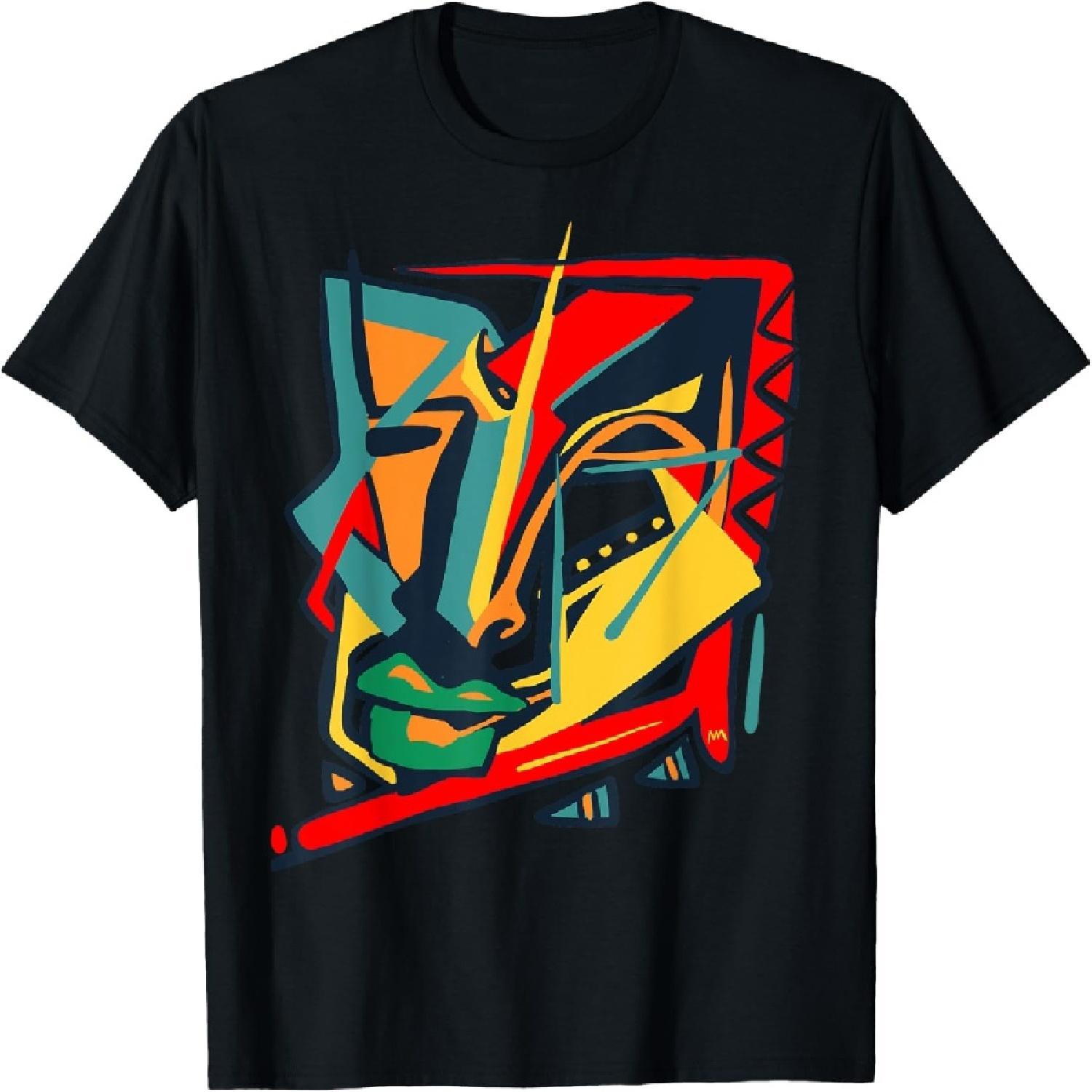 African Outsider Art Tribal Abstract Graphic Face Graffiti T-Shirt S