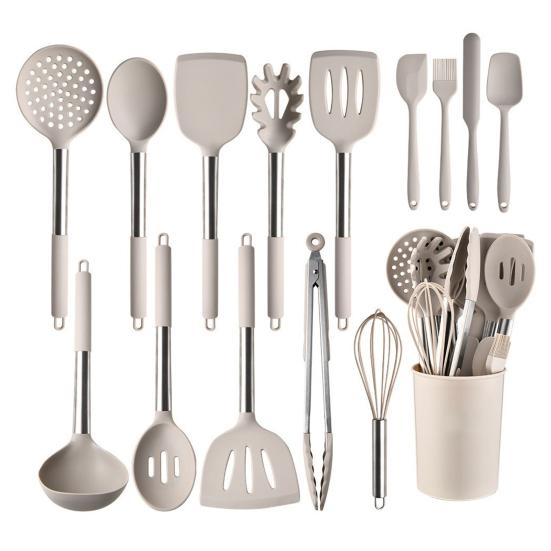 15-teiliges Küchenutensilien-Set mit Halter, lebensmittelechtes Silikon, Eierbesen, Schöpfkelle, Löffel, Schneebesen, Schaumlöffel, Schaber, Antihaft-Spatel-Set, sichere Kochwerkzeuge