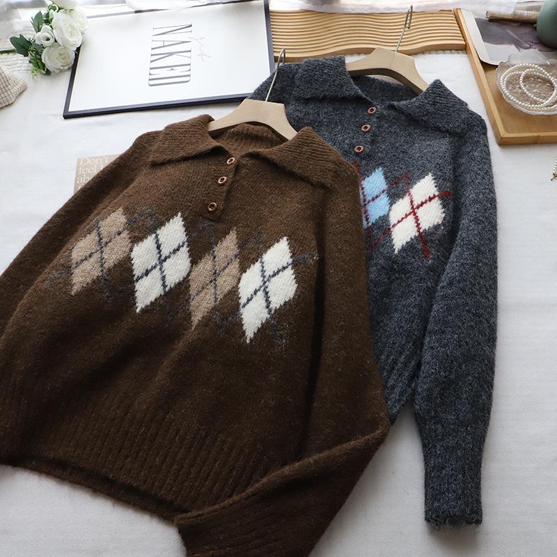 European Women’s Autumn/Winter Diamond Pattern Lapel Knit Sweater