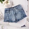 Shorts en Jean pour Femme Taille Haute Stretch Élevé Coupe Droite Effilochés Déchirés Ourlet Brut Décontractés Été
