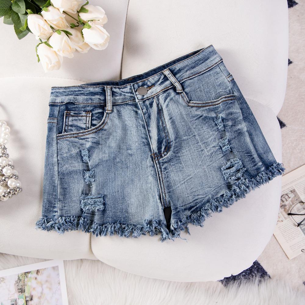 Shorts en Jean pour Femme Taille Haute Stretch Élevé Coupe Droite Effilochés Déchirés Ourlet Brut Décontractés Été