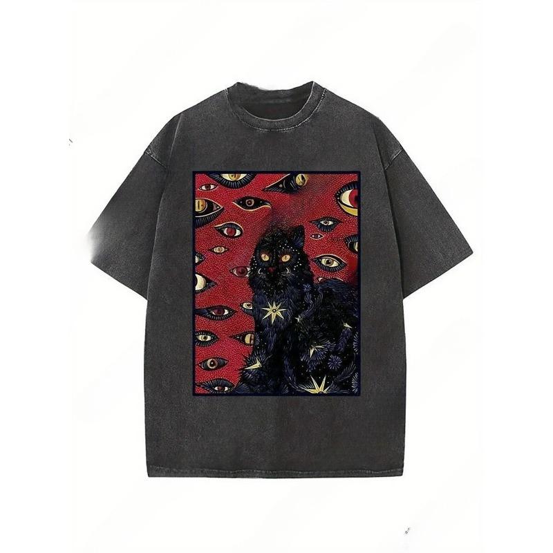 

European Size Men S Heavyweight Vintage Washed T-Shirt - Cat And Red Eyes Graphic Print, Gothic Streetwear Style, All-Season Round Neck Casual Tee 5XL чорний