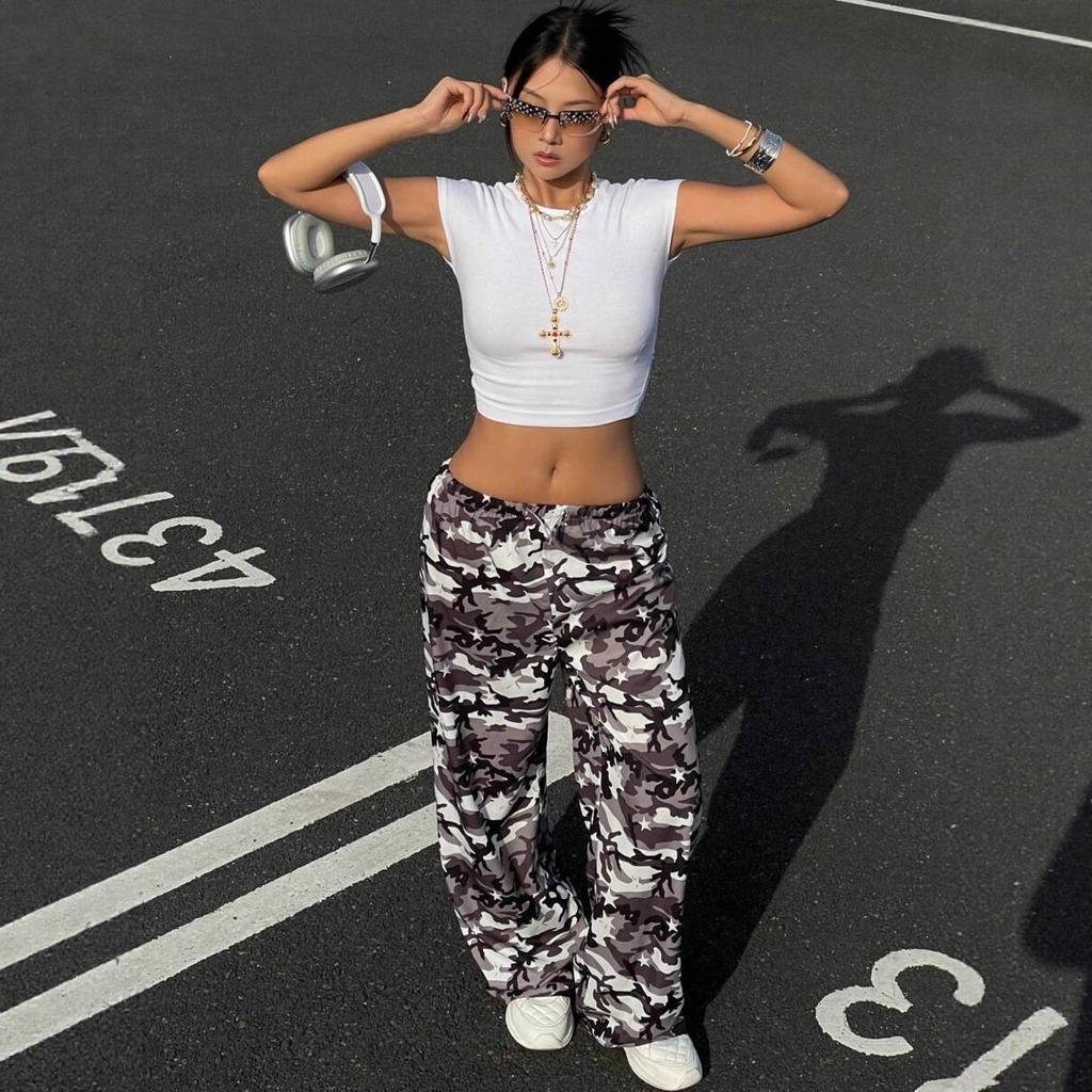 VEZFAA Damenmode Lässige Farbblock-Print High Waist Hosen Hosen & Caprihosen
