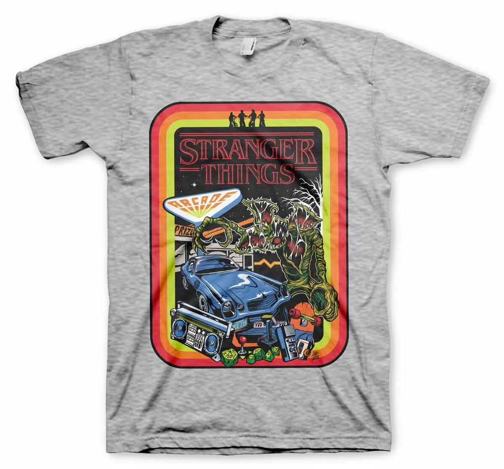 Stranger Things Netflix Serie Arcade Retro Poster Männer Men T-Shirt Grau