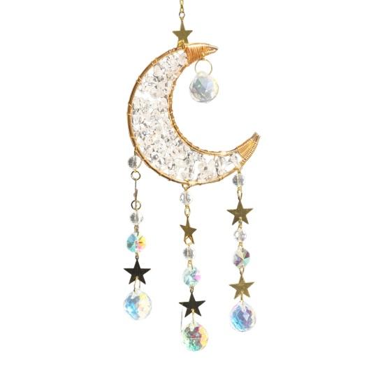 Colorful Crystal Suncatcher, Hanging Sun Catcher for Windows, Moon Shape Healing Crystal Decor for Home, Crystals Prism Rainbow Maker, Gift for