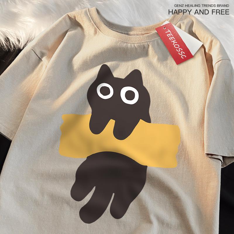 Fun Adhesive Tape Cat Print Japanese Style Short Sleeve Men Women Cotton Oversized T-Shirts Oversized O-Neck New Tops Tees