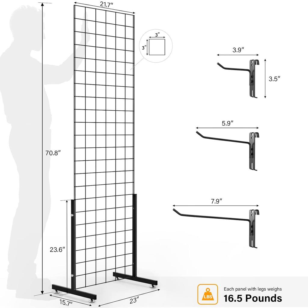 Bonnlo 6' x 2' Tel Izgara Panel Kule, T-Tabanlı Ayaklı, Daha Kalın 5mm Tel, 180 LBS Ağırlık Kapasiteli Izgara Duvar Teşhir Rafı, 4", 6" Kancalı