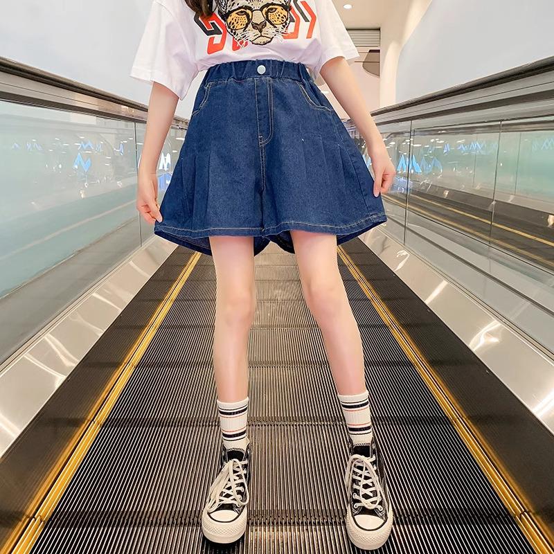 Girls' Korean Style Pleated Denim Skirt - Versatile Summer Fashion for Big Kids