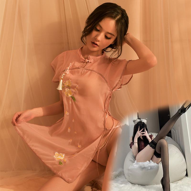 Sex Underwear Passion Perspective Temptation Classical Stand-up Collar Cheongsam Retro Embroidery Split Fork Sexy Hollow Pajamas