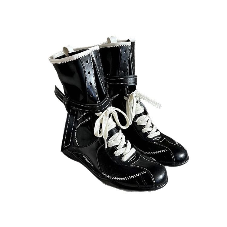 Cowhide Version~ Flat Bottom Inner Height Increase Martin Boots Women's 2025 New Boxing Boots Matte Leather Lace-up Short Boots German Training Boots