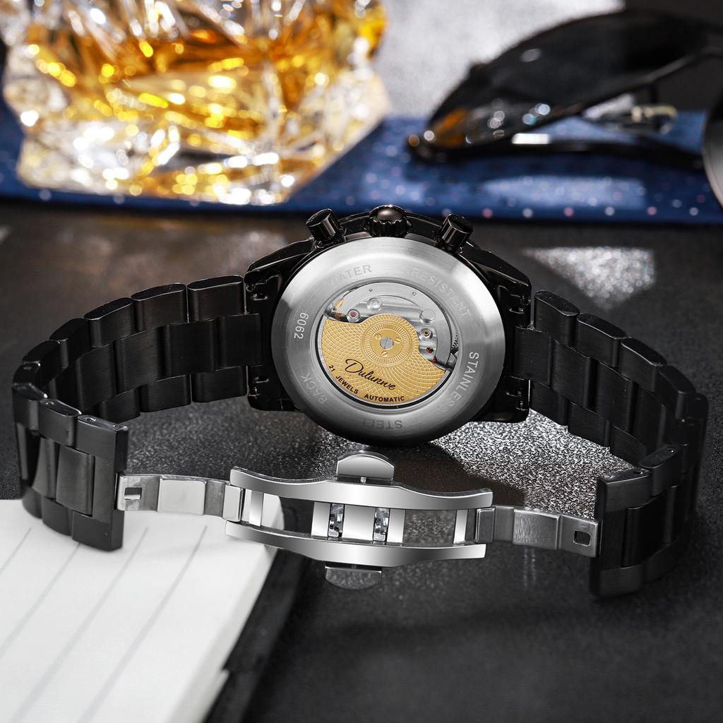 Orologio meccanico creativo con quadrante in meteorite, finestra con fasi lunari, calendario settimanale e mensile, orologio meccanico luminoso impermeabile da uomo