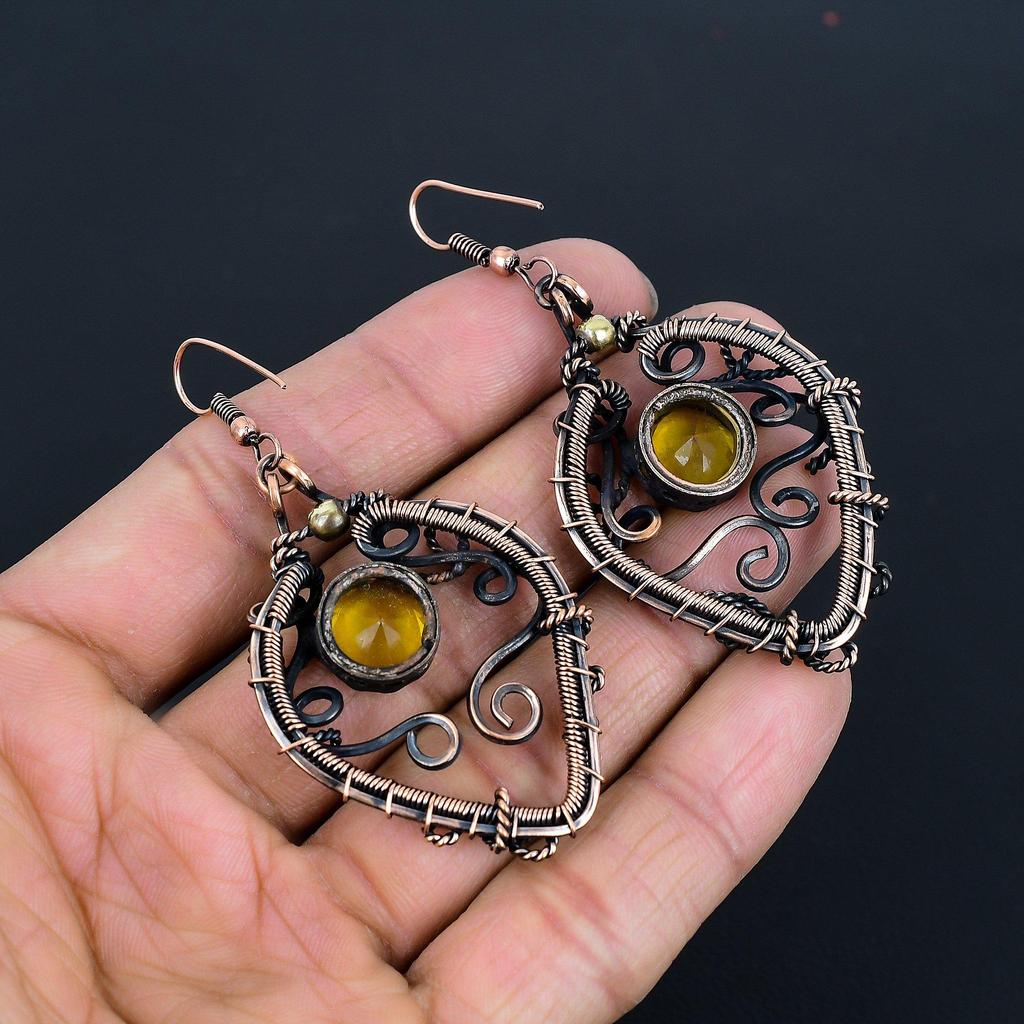 Citrine 999 Copper Wire Wrapped Earrings, Handmade Gemstone Jewelry Earrings For Memorial Day
