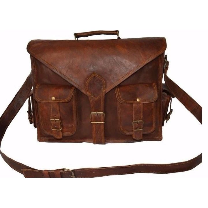 

Мужская натуральная винтажная коричневая кожаная сумка через плечо сумка для ноутбука портфель 18 x 14 x 6 in