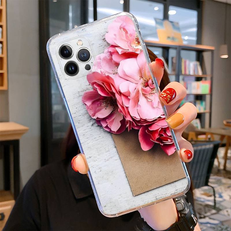 Husa de telefon roz cu flori pentru iPhone 14 13 12 11 Pro Max XS X XR SE 2020 6 7 8 Plus Mini carcasa transparenta