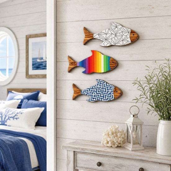3Pcs/Set Wooden Fish Coastal Wall Art, Rustic Handcrafted Fish Wall Decor, Nautical Fish Wall Sculpture for Living Room, Beach Lake House