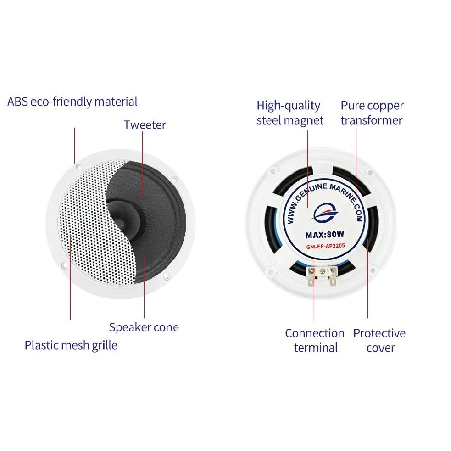 Genuine Marine 5.25" 80W IP66 Waterproof Marine Speakers White ABS Plastic High-Quality Sound for Motorcycle Boat Thalassa