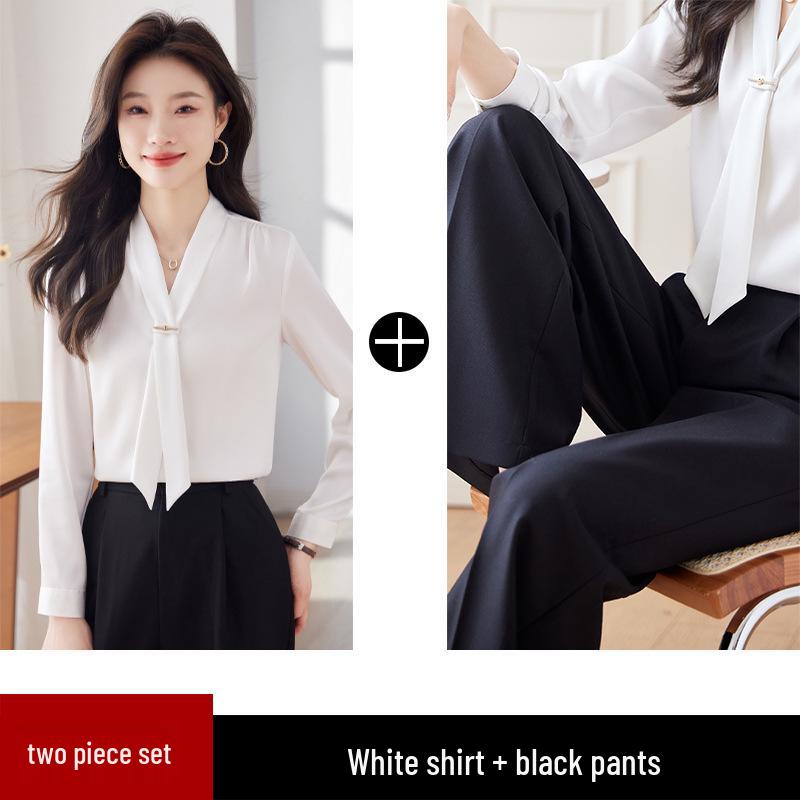 2024 Frühling Damen Stehkragen Bindeband Satin Fließende Bluse - Lockere Passform, Professionelles OL-Design