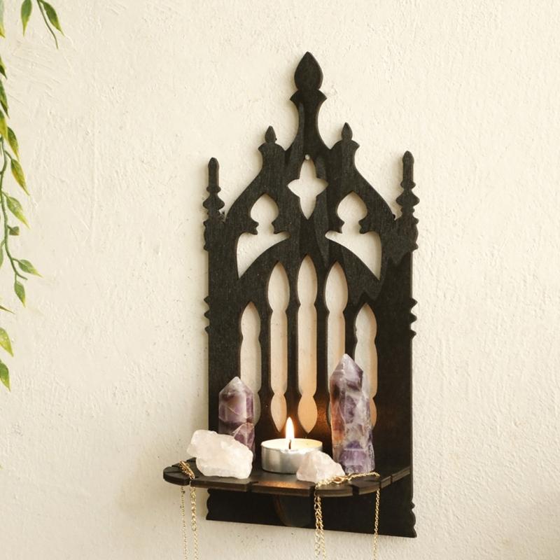 Black Wood Gothic Throne Shape Wall Shelf Handcrafted Display Storage Rack Organizers For Art Plant Home Interior Decors