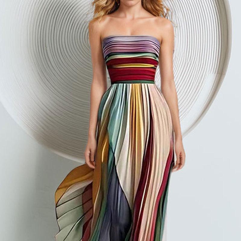 2026 Spring New European & American Women's Sleeveless High Waist Bandeau Maxi Dress with Print