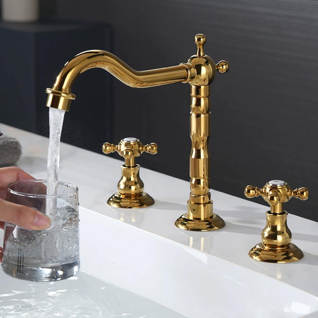 Tuqiu Gold Bathroom Faucet Total Brass Widespread Basin Faucet Black Sink Faucets 3 Hole Faucet Hot & Cold European Style