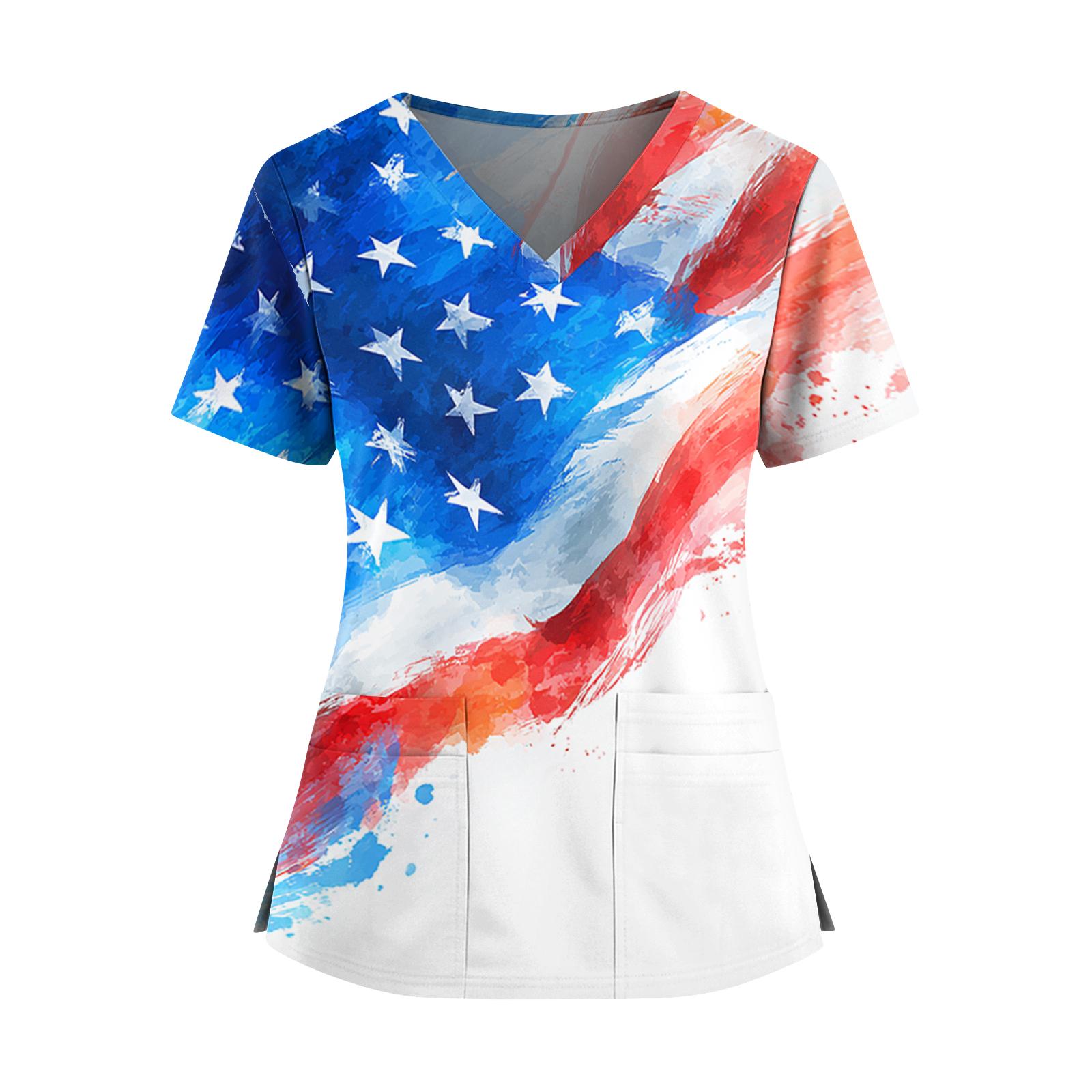 

Women s Independence Day Print V-Neck Double Pocket Short Sleeve Uniform with Slit Hem - Caregiver Top XL білий