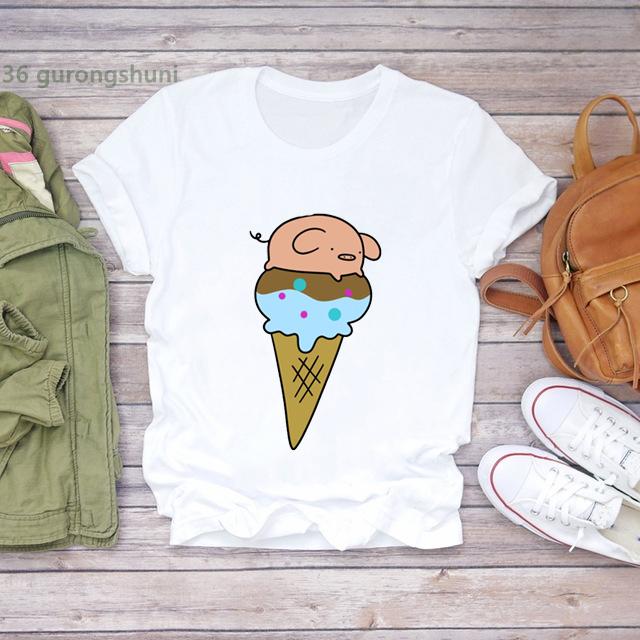 New Arrival 2025 T-Shirt Women Cute Ice Cream Cartoon Print T Shirt Femme Fashion Korean Style Camiseta Mujer Tshirt Ladies Tops