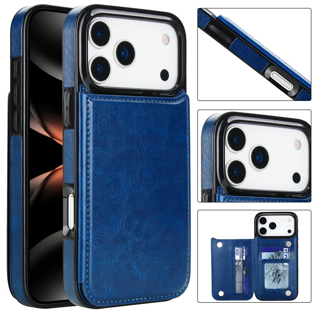 Double Buckle with Card Holder Solid Color PU Leather Cover for IPhone 17 Air 16E 16 Pro Max 15 14 Plus 13 12 11 8 7 6 Case