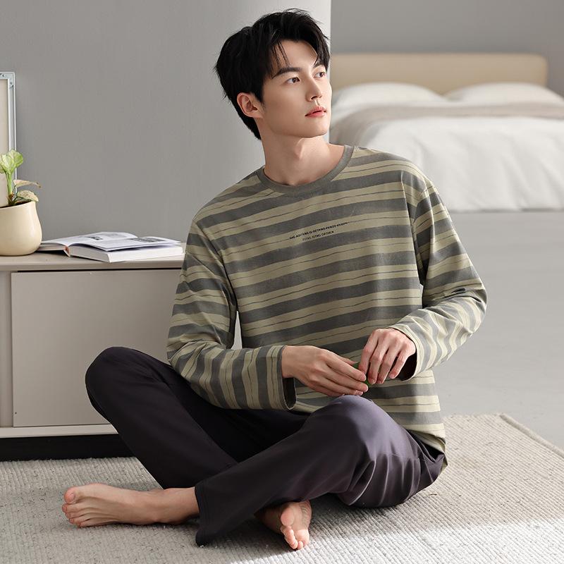 

Пижама мужская весенне-осенняя хлопковая с длинным рукавом в полоску, домашняя одежда, осенний мужской комплект из двух предметов с круглым вырезом большого размера L
