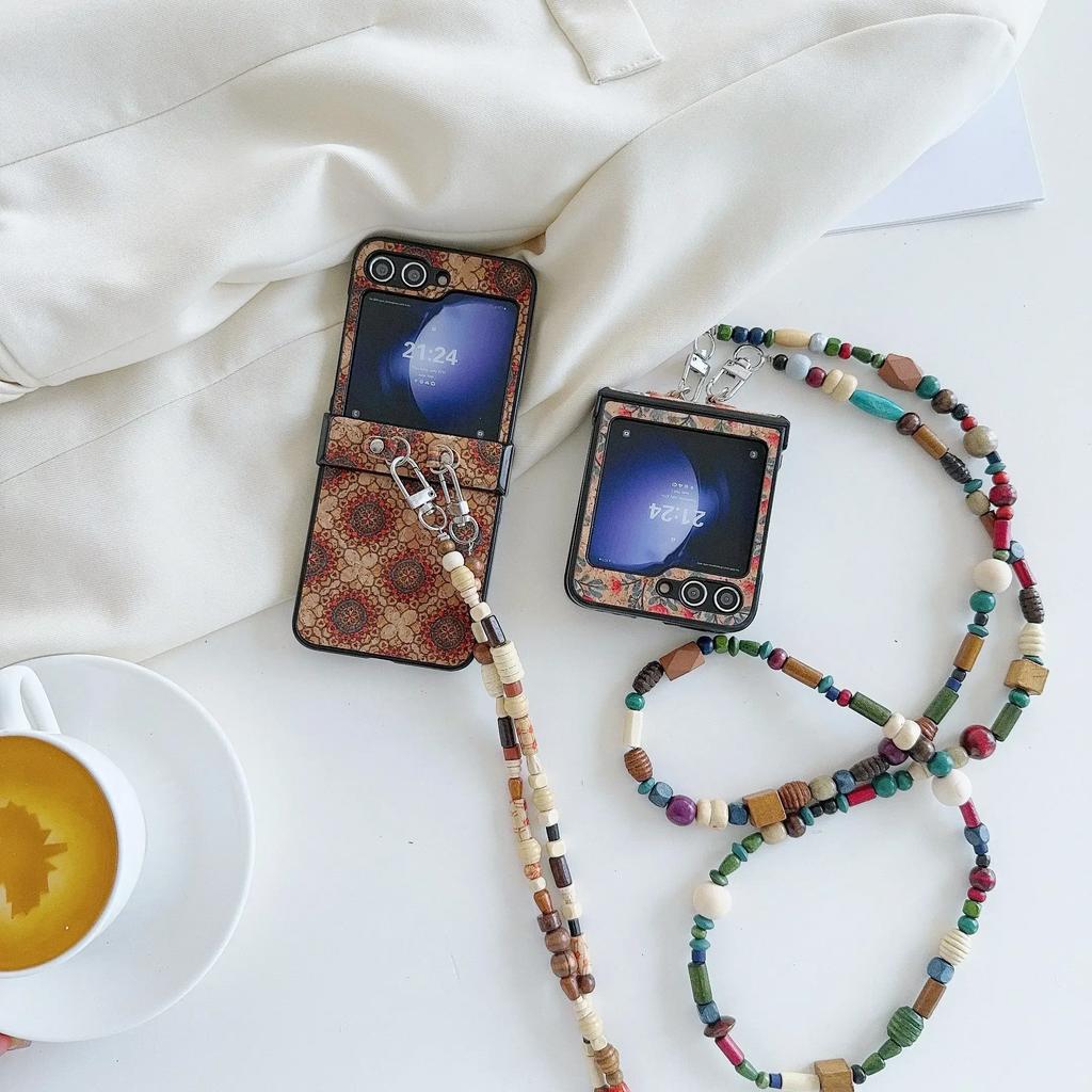 Retro Floral Prints Crossbody Lanyard PU Leather Cover with Glitter Bead for Samsung Galaxy Z Flip 6 5 4 3 Phone Case