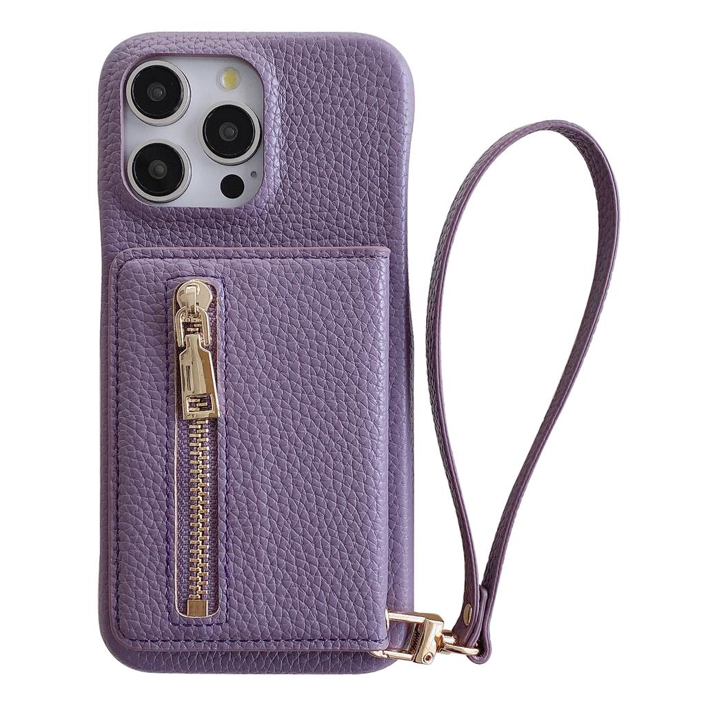 For iPhone 14 Pro Max Case Card Slots Kickstand PU Leather Back Cover with Zipper Pocket, Wrist Strap
