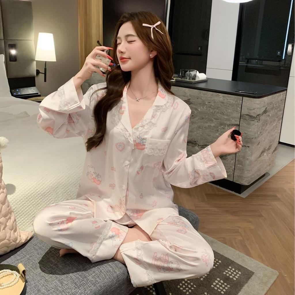 KT Cartoon Print Women's Ice Silk Pajamas - Cute Long Sleeve Spring Set for Comfortable Homewear