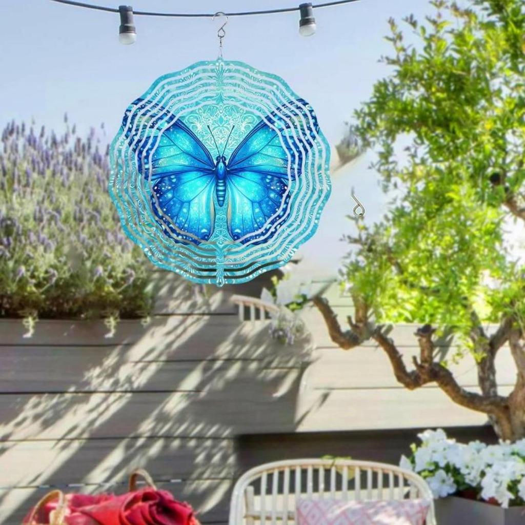 10 Inch Metal Wind Chime with 360 Degree Rotating Blue Butterflies for Patio Balcony Garden Decoration No Electricity Needed