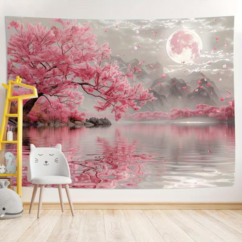 Pink Cherry Blossom Scenery Backdrop Japanese Style Lake Sakura Background for Wedding Photoshoot