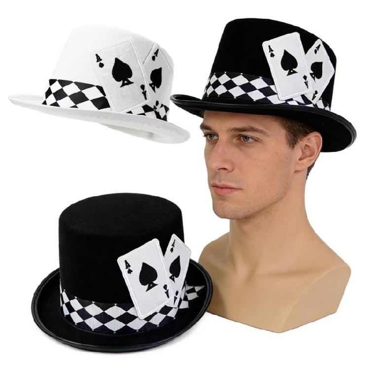 Elegante Cartola para Mulheres Homens Roupa de Festa Padrão de Cartas de Poker Chapéu Alto para Apresentações de Palco e Ocasiões Formais