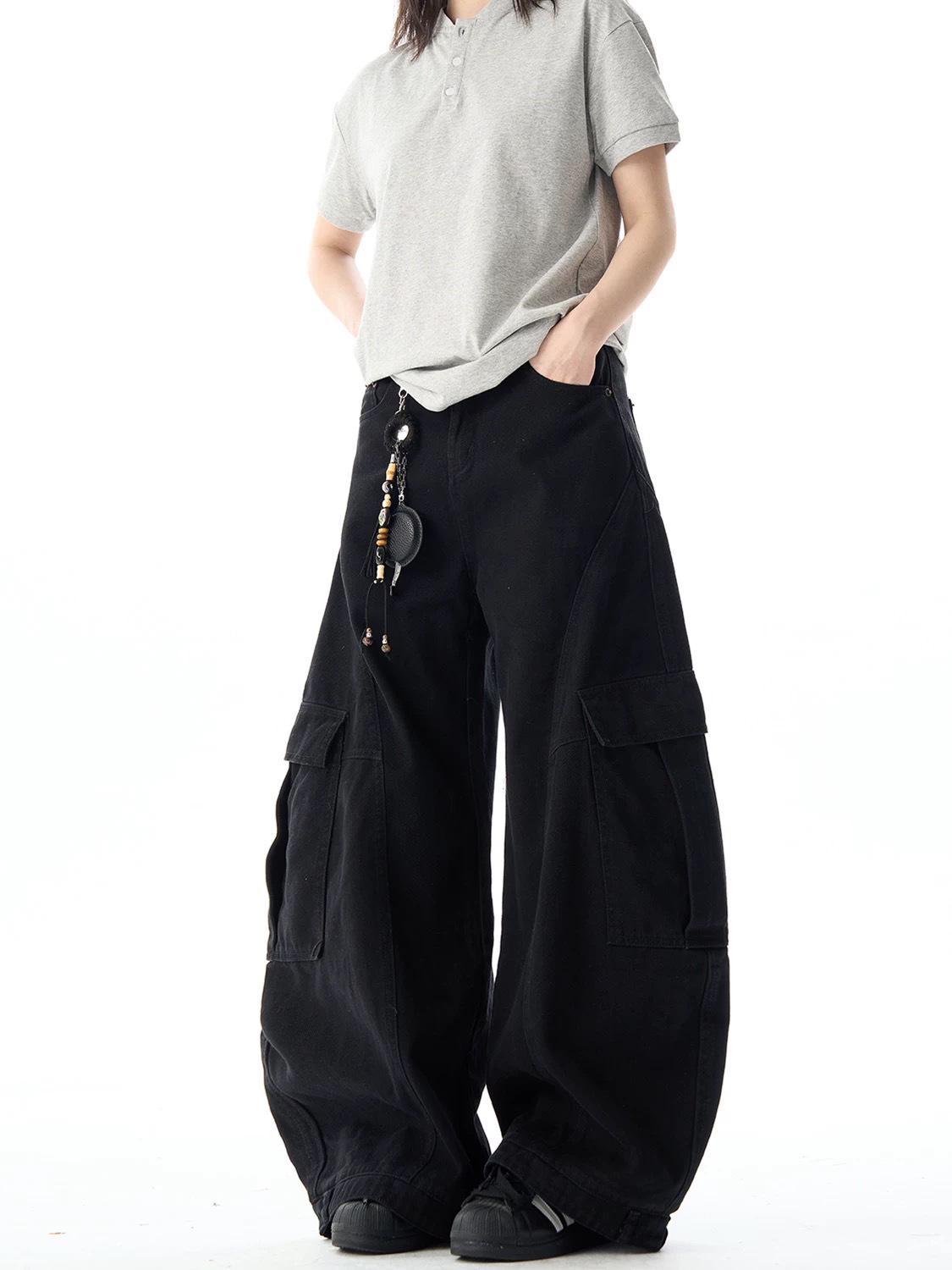 

FansiYu 2025 Autumn High-Waisted Loose Straight Leg Cargo Jeans for Women S: Waist 31.5cm, Length 102cm чёрный