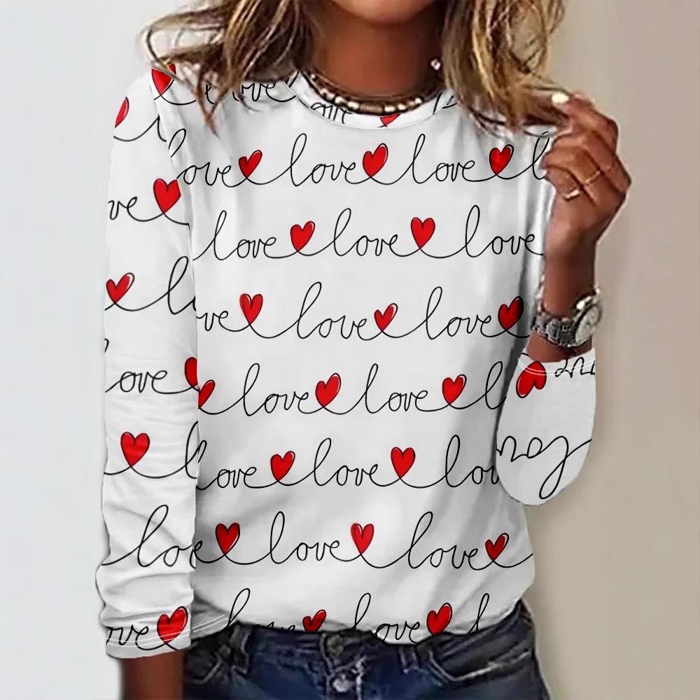 Rundhals 3D-bedrucktes Liebesmuster Top Modische Lässige Langarm Damen T-Shirts