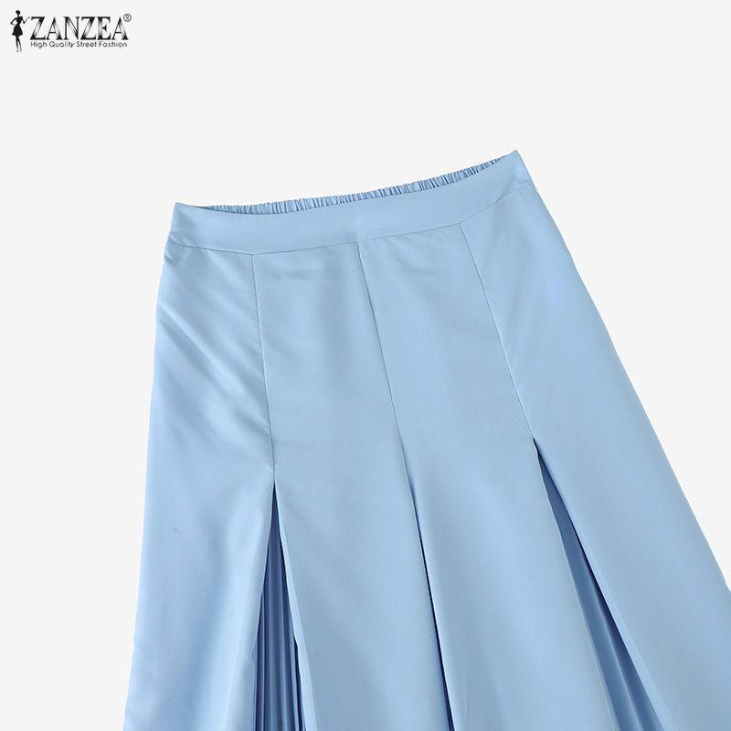 ZANZEA Women Casual Elastic Waist Solid Color Loose Wide Leg Pants