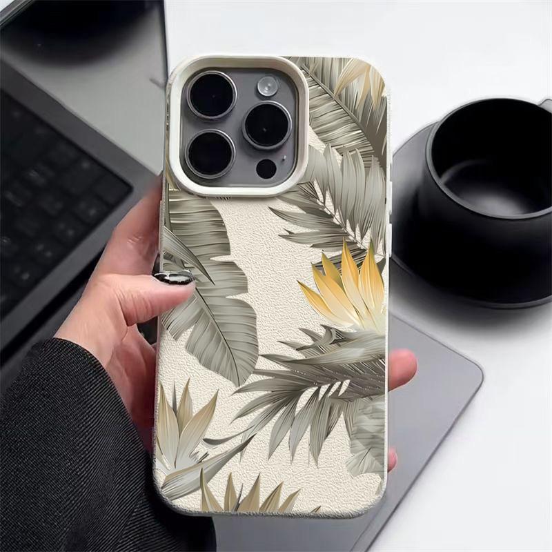 Capa de TPU Macio Para iPhone 16 16e 15 Pro Max 14 13 12 11 Folhas Secas Estampadas À Prova de Choque Silicone Macio Capa de Telefone