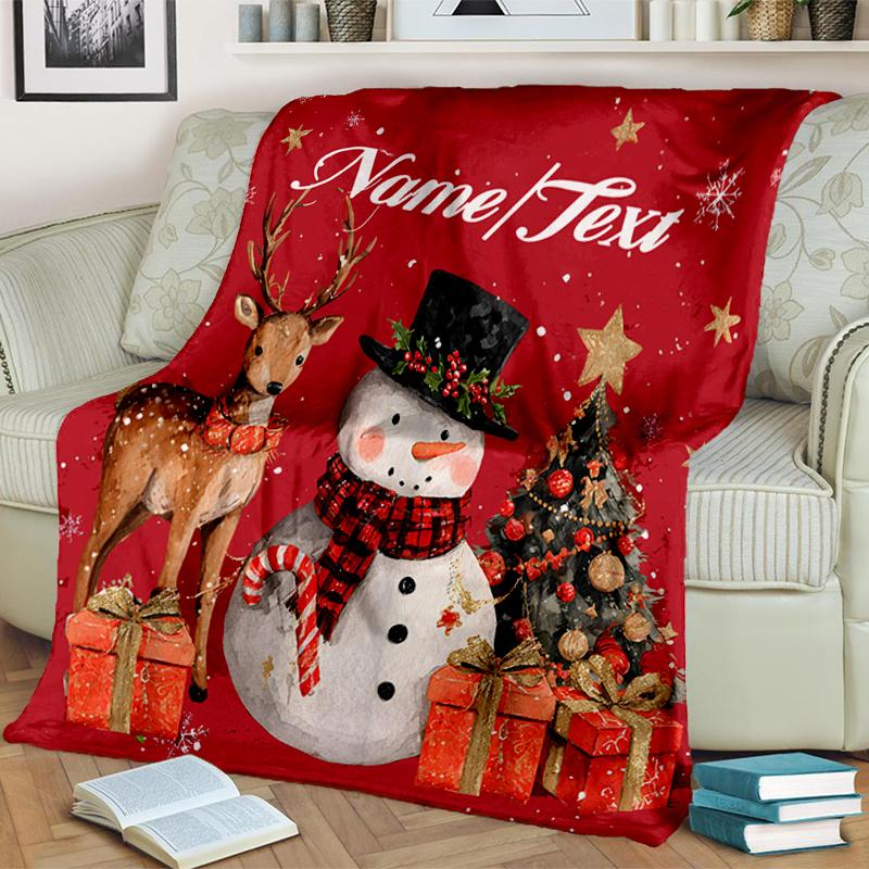 1PC Custom Name Christmas Snowman Deer Outdooor Flannel Blankets Throw Blanket All-Season Throw Gift Bedspread for Couch, Bed, Camping Holiday Birthda
