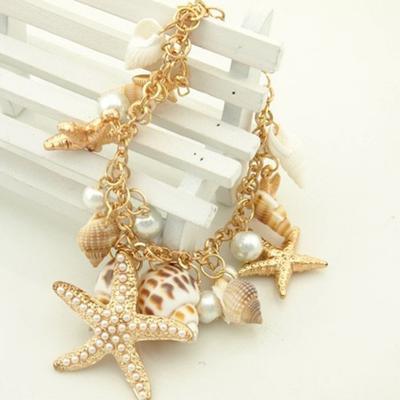 Women Ocean Sea Shell Starfish Faux Pearl Pendant Bracelet Bangle Jewelry Gift