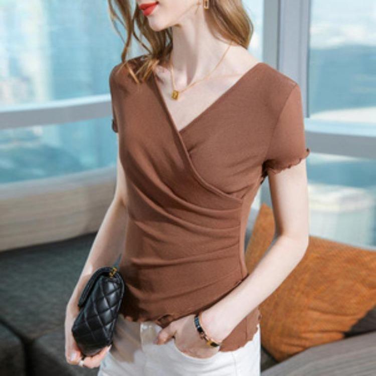 Summer New Women Mesh Top Solid Black Cross V Neck Short Sleeve Ear Waist Base Shirt
