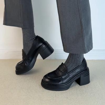 Version peau de mouton~ mocassins à plateforme à talons hauts à bout rond pour femmes, chaussures simples de ville britanniques à une pédale, petits à talons épais polyvalents
