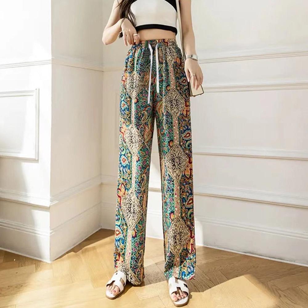 Women's 2025 Spring Retro Brown Plaid Wide-Leg Ice Silk Pants