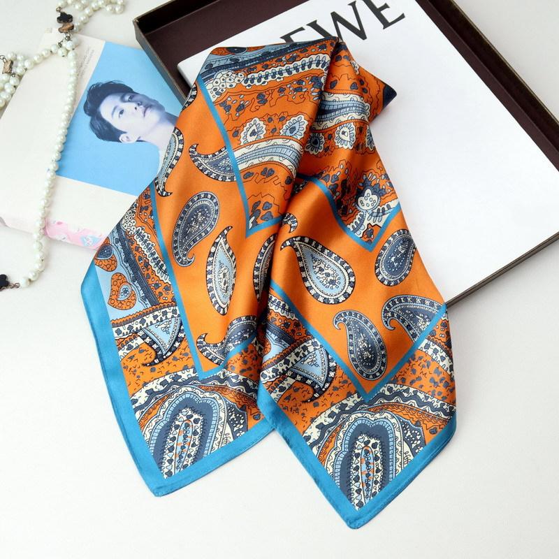 SpringSummer Orange Imitation Silk Neckerchief Outdoor Decoration Wraps For Women 70*70Cm Cashew Print Square Scarf